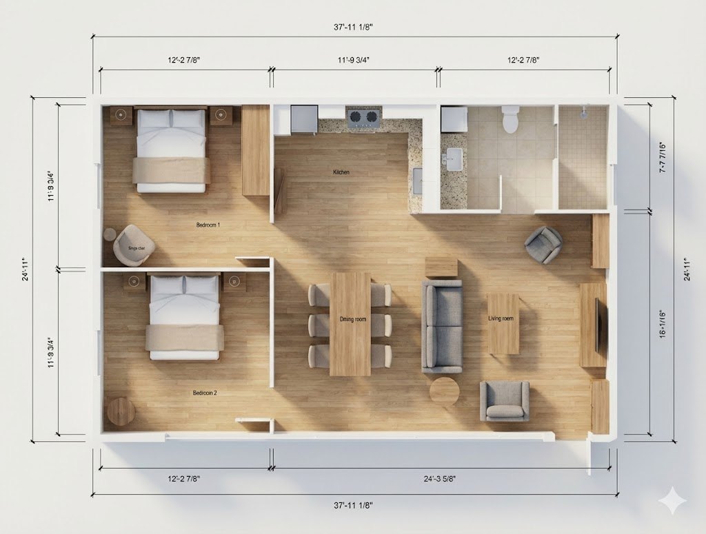 Plan intérieur du modèle de maison modulaire VL-A3 de 947 pi²